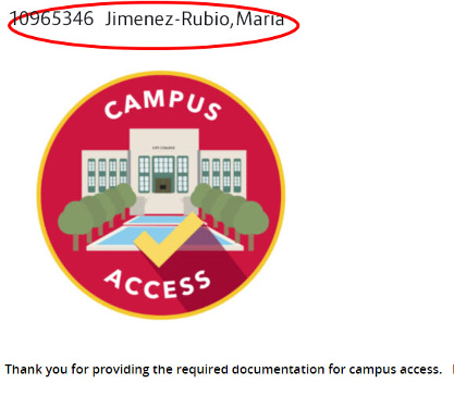 Lancer ID number and full name text displays above the Campus Access badge image