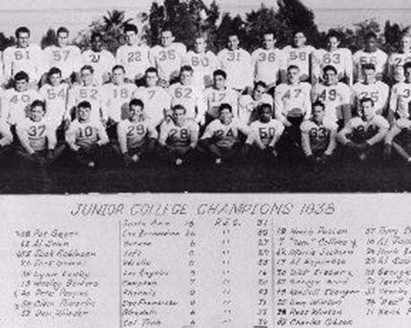 1938 PJC football team, third from the right in the top row wearing No. 55 is Jackie Robinson